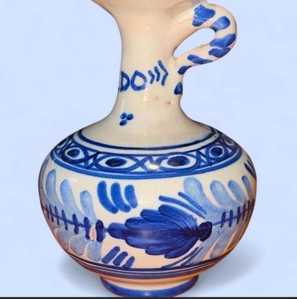 Vintage Hand-Painted Blue and White Ceramic Small Ewer or Cruet